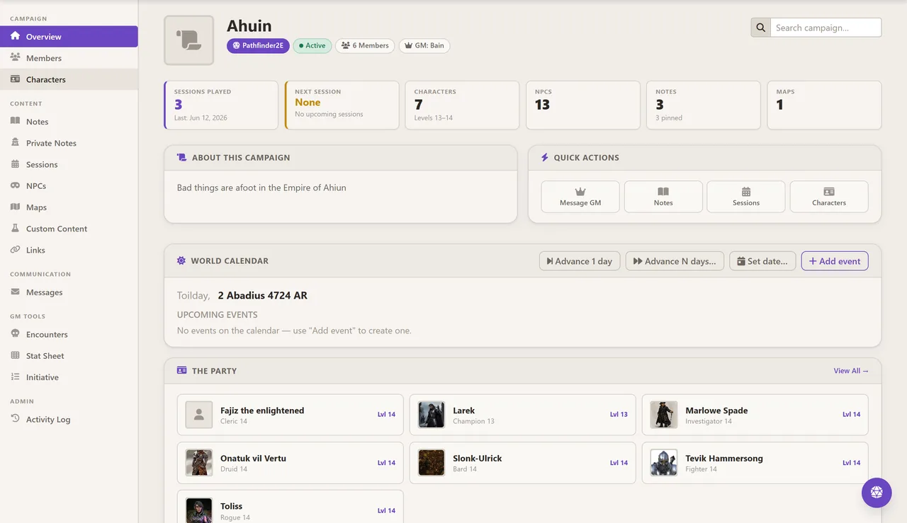 A campaign dashboard for the Ahuin campaign showing counters for sessions played, characters, NPCs, notes and maps, a world calendar dated 2 Abadius 4724 AR, and the party roster with character portraits and levels.