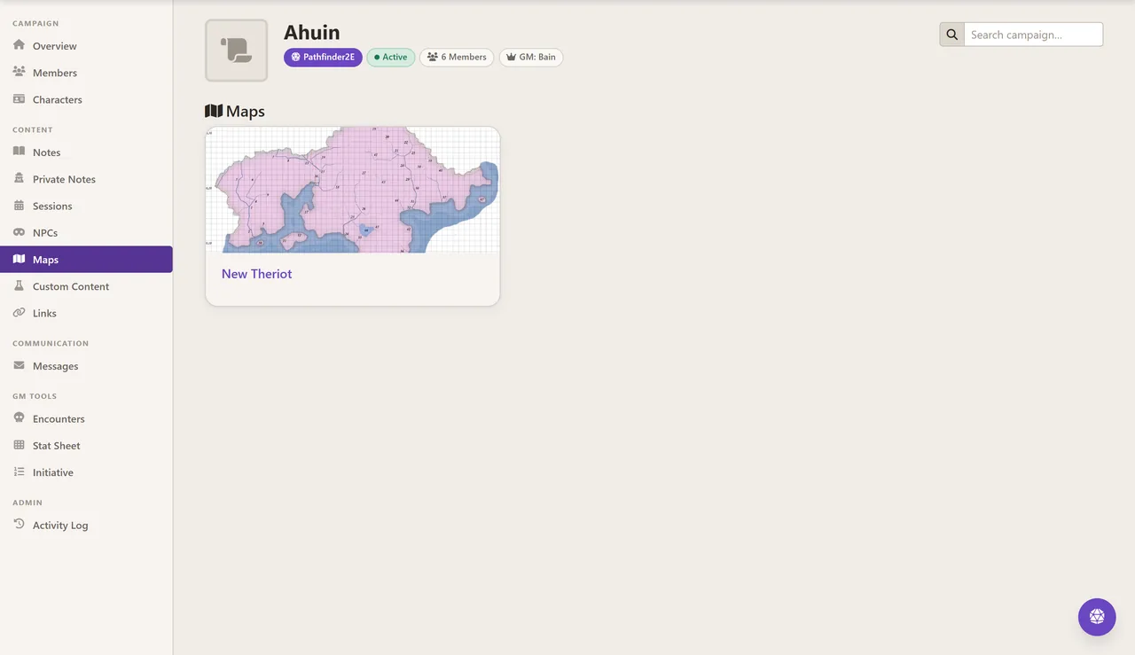 The campaign Maps tab showing an uploaded hex map of a coastal region as a titled card.