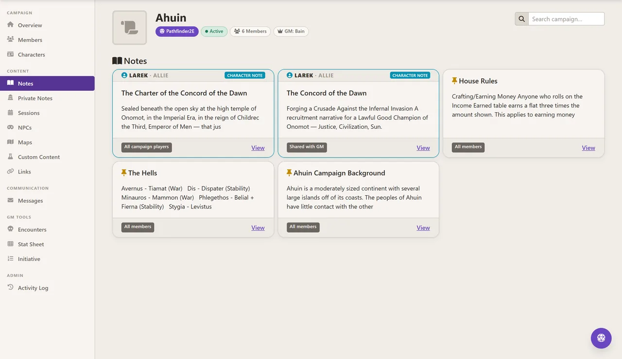The campaign Notes tab showing note cards including character notes and house rules, each tagged with its visibility such as 'All campaign players' or 'Shared with GM'.
