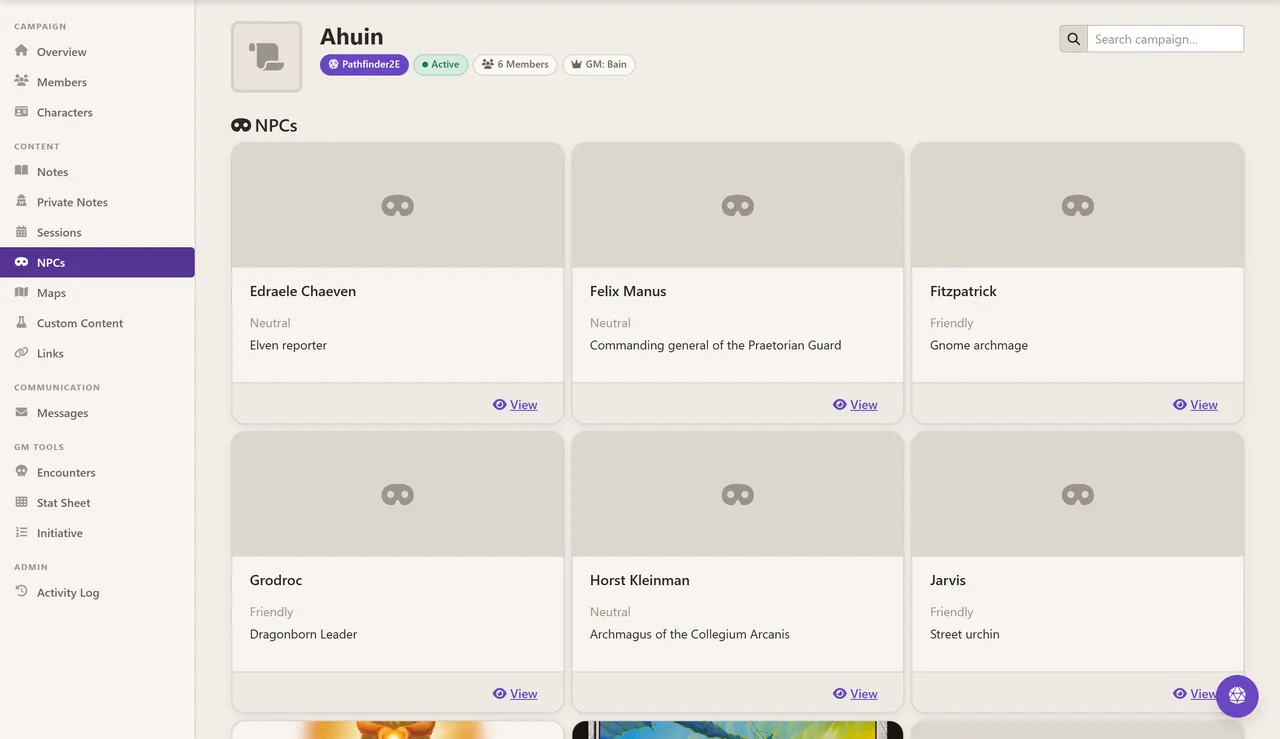 The campaign NPCs tab showing a grid of NPC cards, each with a name, disposition such as Friendly or Neutral, and a one-line role description.