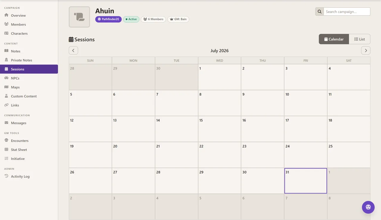 The campaign Sessions tab showing a month calendar view with a toggle between Calendar and List.