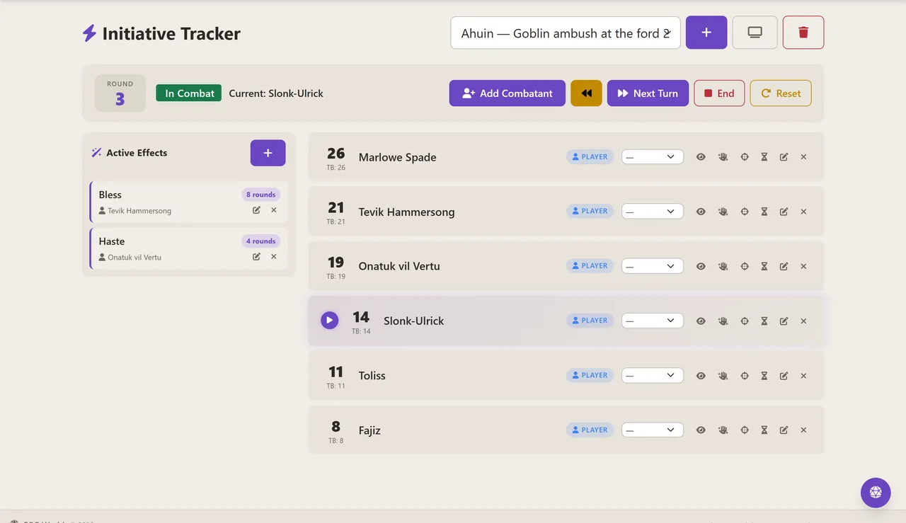 The live initiative tracker mid-combat, showing the round counter, the combatant list sorted by initiative with the current combatant highlighted, and an active effects panel.