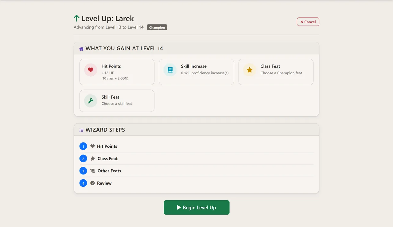 A level-up wizard step presenting the class feats available at this level, with unavailable options marked and their unmet prerequisites shown.