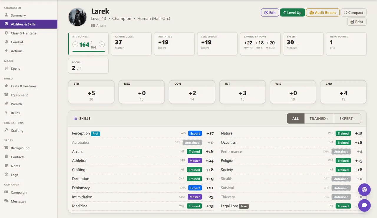 The Abilities and Skills tab, listing all six ability modifiers above a two-column skill list where each skill shows its proficiency rank and final total.