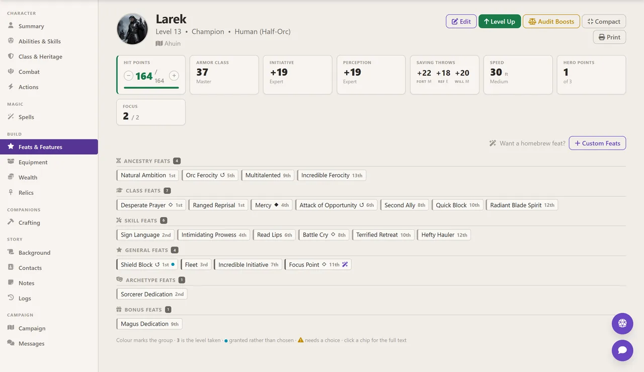 The Feats and Features tab grouping ancestry, class, skill, general, archetype and bonus feats into labelled sections, each feat shown as a chip with the level it was taken at.