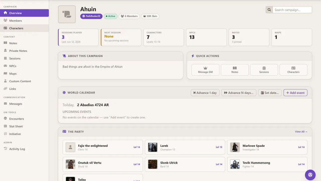 A campaign dashboard showing counters for sessions played, characters, NPCs, notes and maps, a world calendar, and the party roster with portraits.