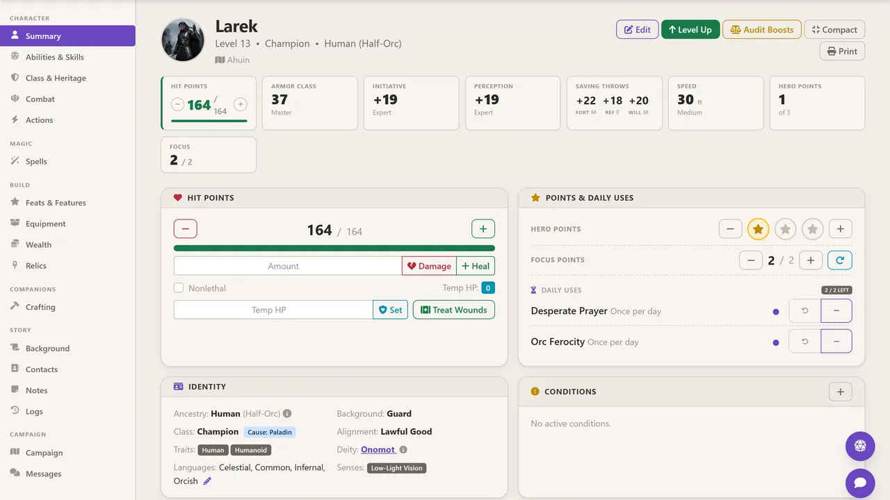 A Pathfinder 2nd Edition character sheet for Larek, a level 13 champion, showing hit points, armour class, initiative, perception, saving throws, speed and hero points.