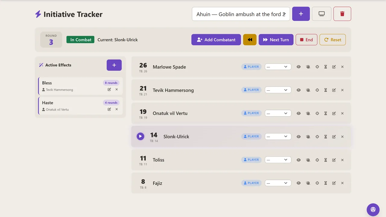 The live initiative tracker mid-combat, with the turn order sorted by initiative and the current combatant highlighted.