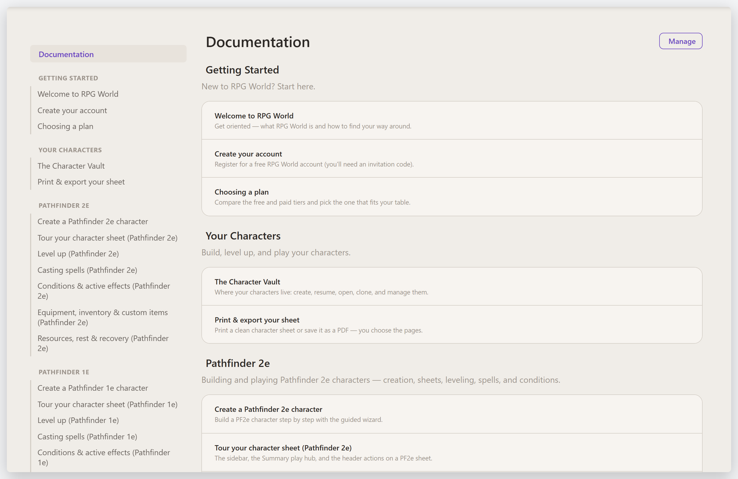 The documentation home with the category sidebar and article sections
