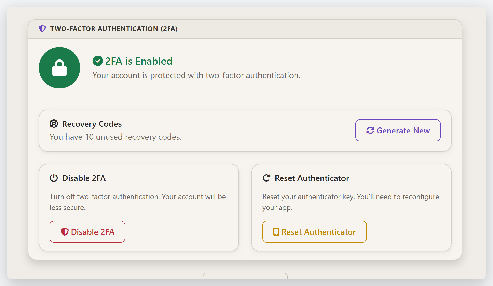The two-factor authentication page: enabled status, recovery codes, disable, and reset options