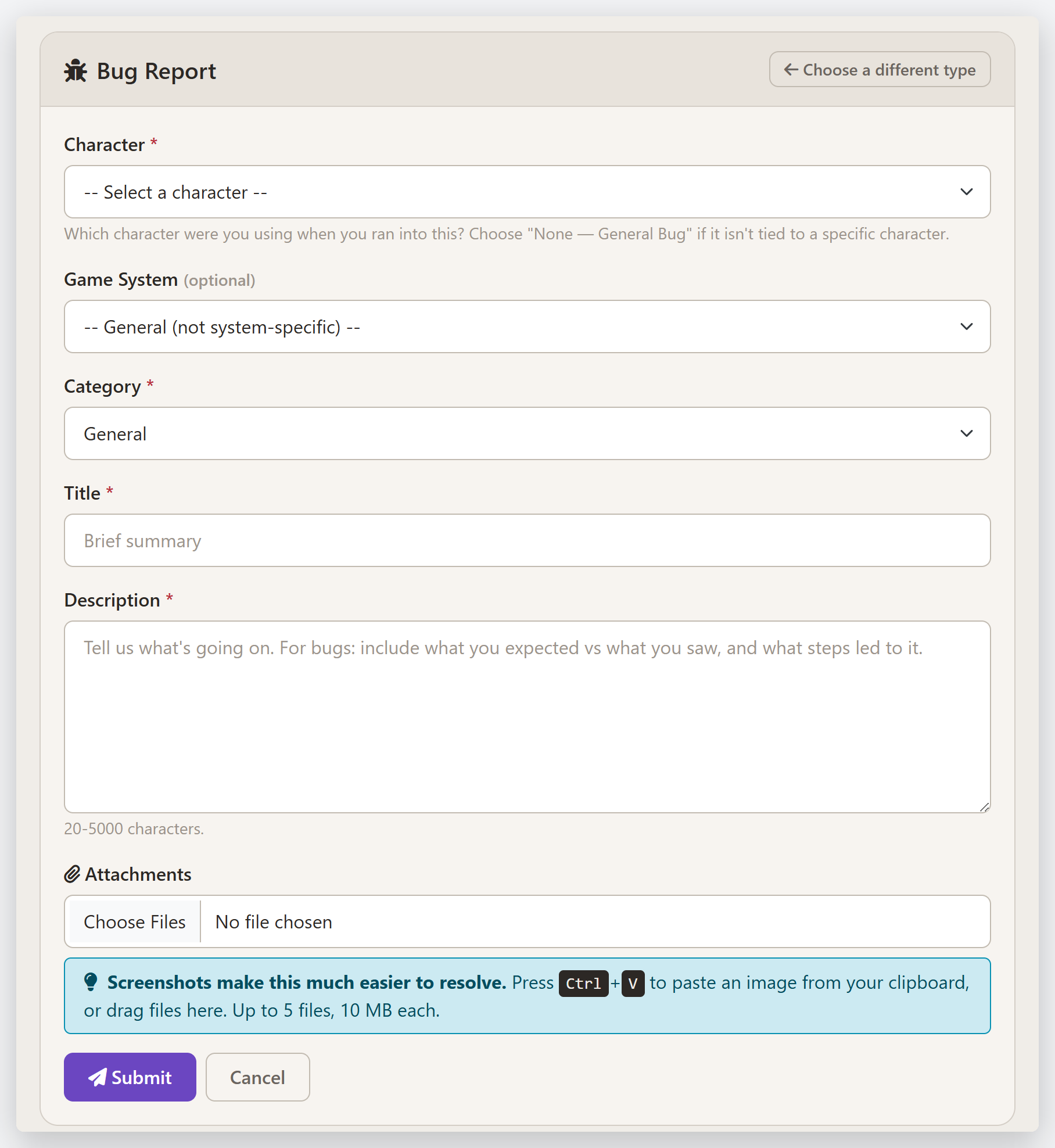 The Bug Report form: character, game system, category, title, description, and attachments