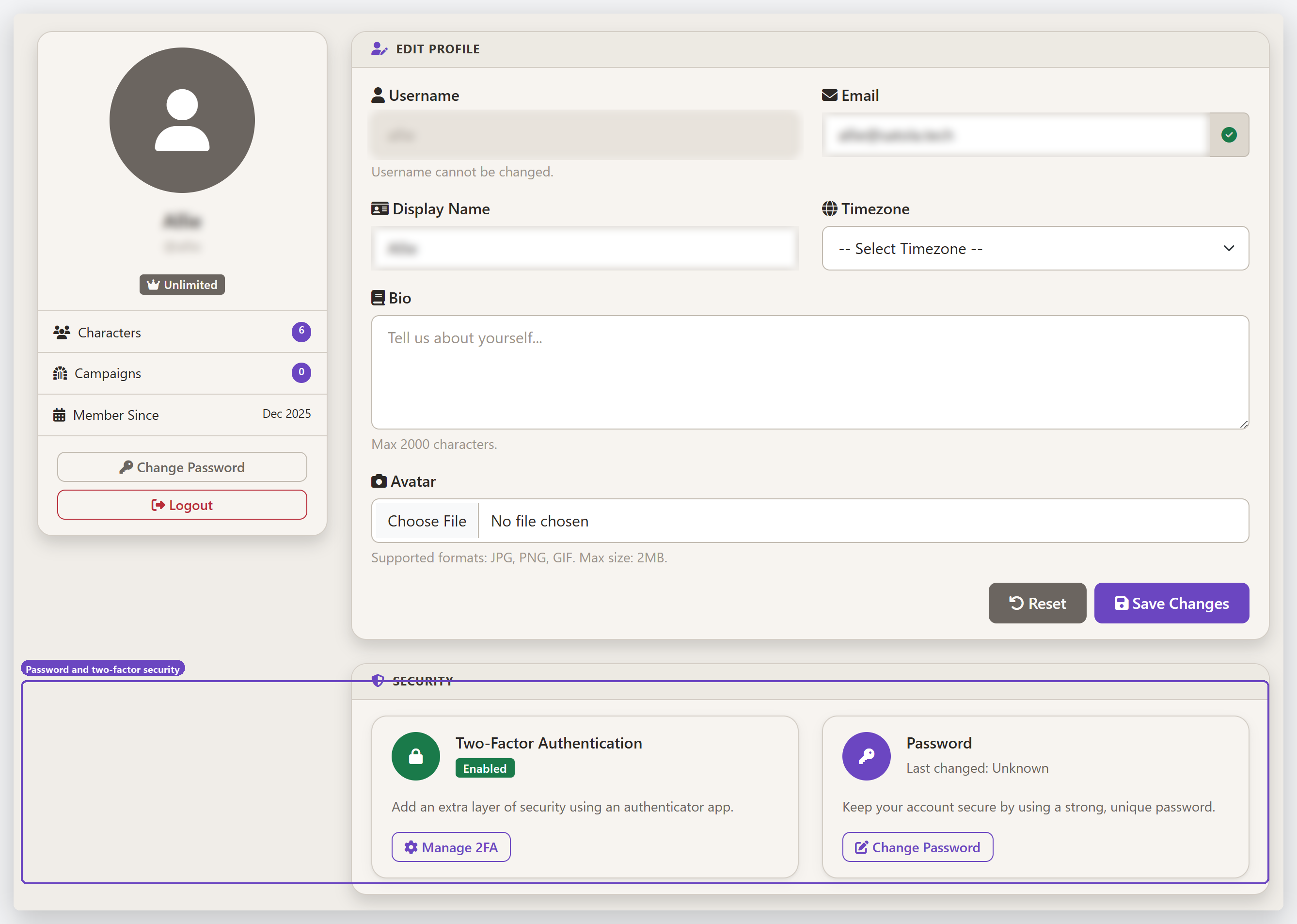 The Profile page: edit form on the right, security options below