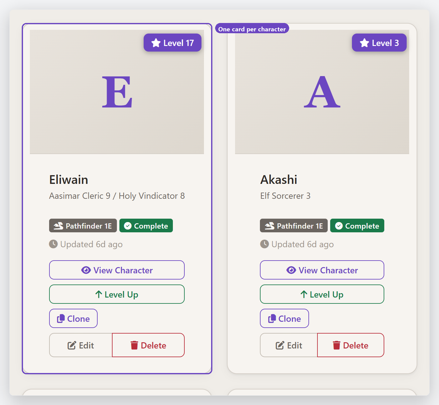 A character card in the vault with its action buttons