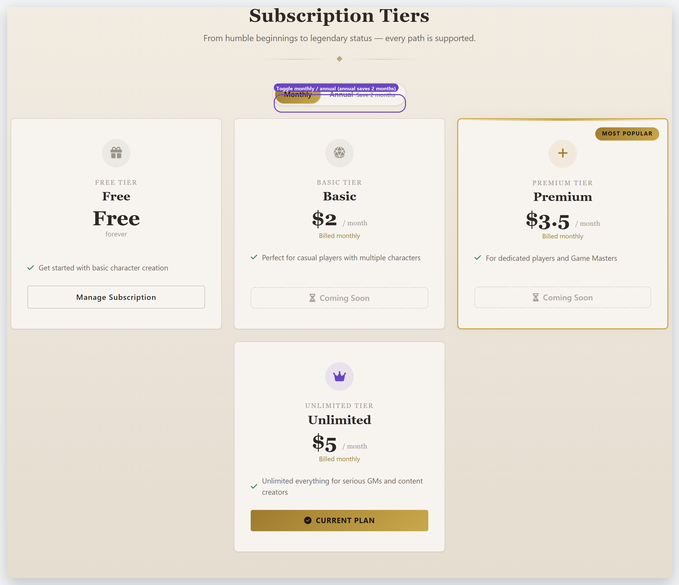 The four subscription tiers: Free, Basic, Premium, and Unlimited