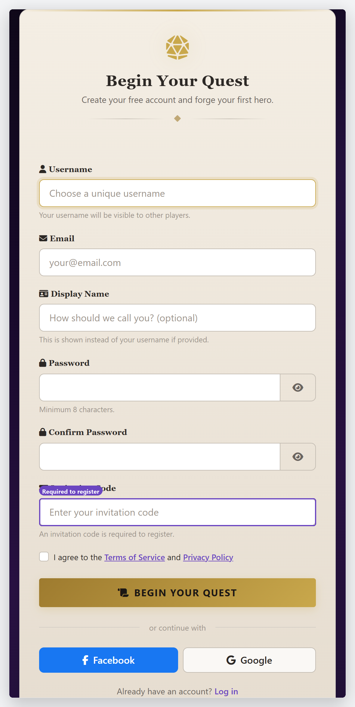 The registration form, with the required Invitation Code field highlighted